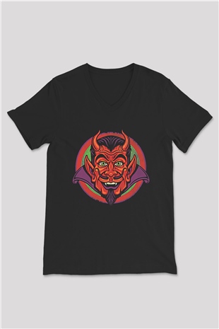 Halloween Baskılı Unisex Siyah V Yaka Tişört - Tshirt