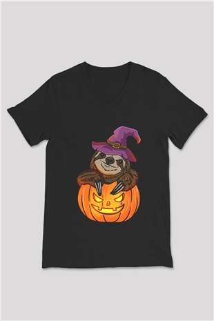 Halloween Baskılı Unisex Siyah V Yaka Tişört - Tshirt