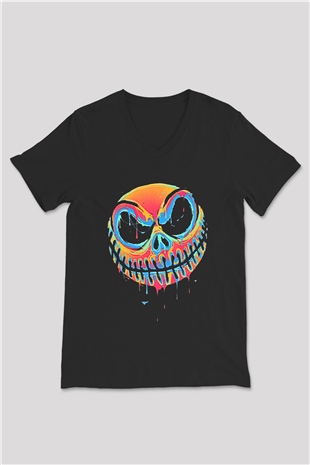 Halloween Baskılı Unisex Siyah V Yaka Tişört - Tshirt