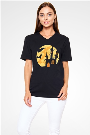 Halloween Baskılı Unisex Siyah V Yaka Tişört - Tshirt