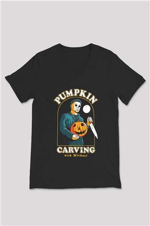 Halloween Baskılı Unisex Siyah V Yaka Tişört - Tshirt