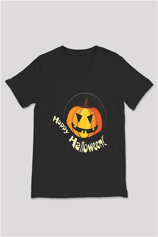 Halloween Baskılı Unisex Siyah V Yaka Tişört - Tshirt