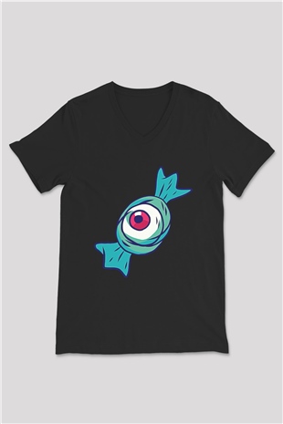 Halloween Baskılı Unisex Siyah V Yaka Tişört - Tshirt