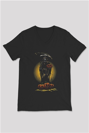 Halloween Baskılı Unisex Siyah V Yaka Tişört - Tshirt