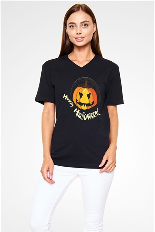Halloween Baskılı Unisex Siyah V Yaka Tişört - Tshirt