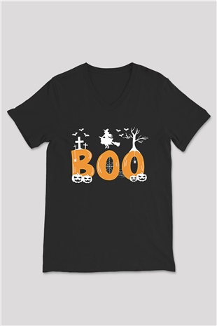 Halloween Baskılı Unisex Siyah V Yaka Tişört - Tshirt