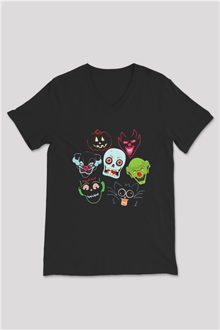 Halloween Baskılı Unisex Siyah V Yaka Tişört - Tshirt
