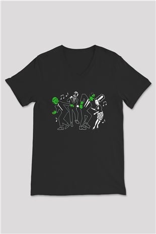 Halloween Baskılı Unisex Siyah V Yaka Tişört - Tshirt