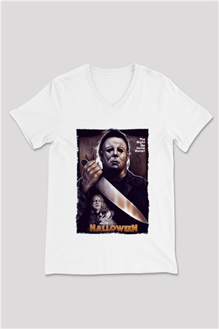 Halloween Beyaz Unisex V Yaka Tişört