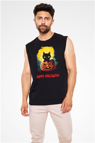 Halloween Kedicik Baskılı Unisex Siyah  Kolsuz Tişört
