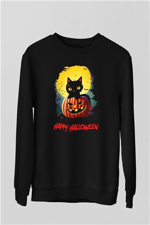 Halloween Kedicik Baskılı Unisex Siyah  Sweatshirt