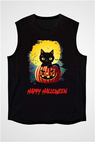 Halloween Kedicik Baskılı Unisex Siyah  Kolsuz Tişört