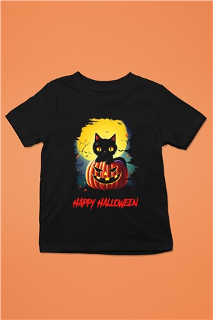 Halloween Kedicik Baskılı Unisex Siyah  Çocuk Tişört