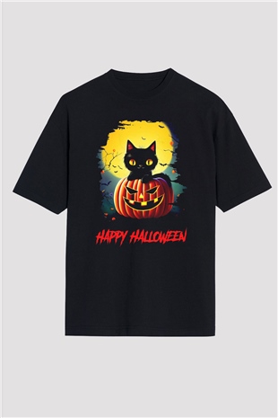 Halloween Kedicik Baskılı Oversize Siyah Tişört