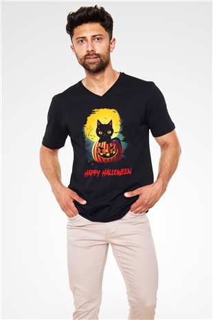 Halloween Kedicik Baskılı Unisex Siyah  V Yaka Tişört