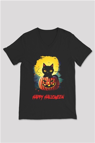 Halloween Kedicik Baskılı Unisex Siyah  V Yaka Tişört