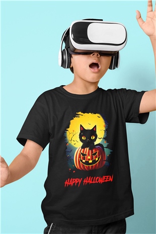 Halloween Kedicik Baskılı Unisex Siyah  Çocuk Tişört