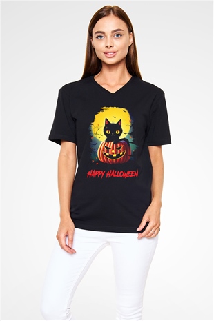Halloween Kedicik Baskılı Unisex Siyah  V Yaka Tişört