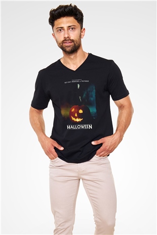 Halloween Siyah Unisex V Yaka Tişört