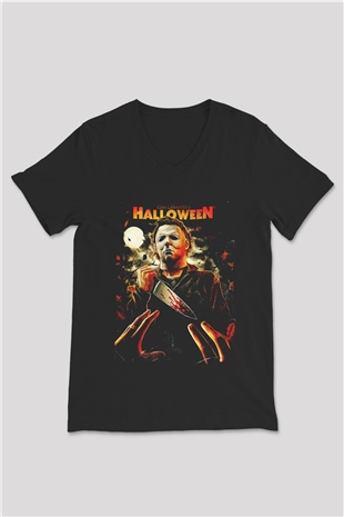 Halloween Siyah Unisex V Yaka Tişört