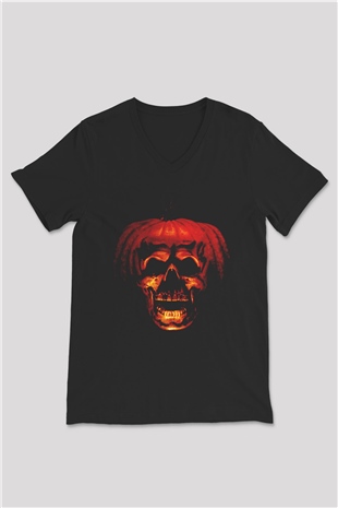 Halloween Siyah Unisex V Yaka Tişört T-Shirt