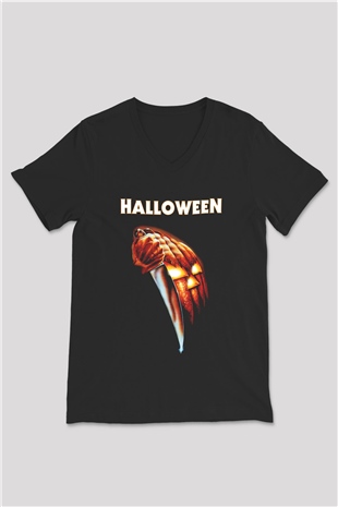 Halloween Siyah Unisex V Yaka Tişört T-Shirt