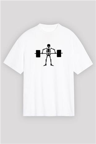Halter Baskılı Unisex Beyaz Oversize Tişört - Tshirt