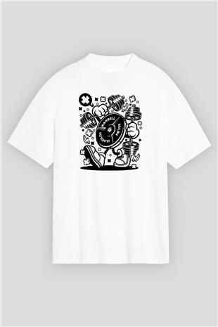 Halter Baskılı Unisex Beyaz Oversize Tişört - Tshirt
