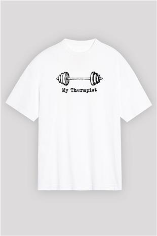 Halter Baskılı Unisex Beyaz Oversize Tişört - Tshirt