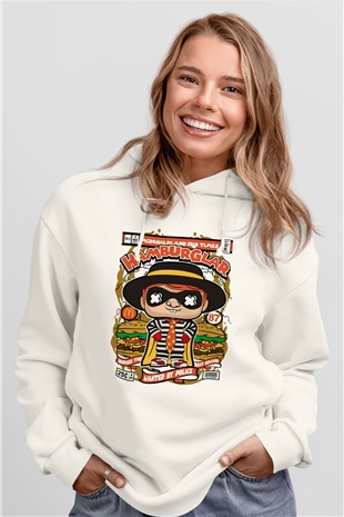 Hamburger Hırsızı Baskılı Beyaz Hoodie