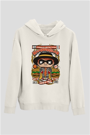 Hamburger Hırsızı Baskılı Beyaz Hoodie