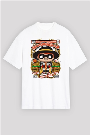 Hamburger Hırsızı Baskılı Beyaz Oversize Tişört