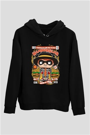 Hamburglar Baskılı Unisex Siyah Hoodie