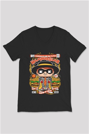 Hamburglar Baskılı Unisex Siyah V Yaka Tişört