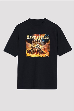 HammerFall Baskılı Unisex Siyah Oversize Tişört