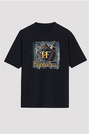 HammerFall Baskılı Unisex Siyah Oversize Tişört
