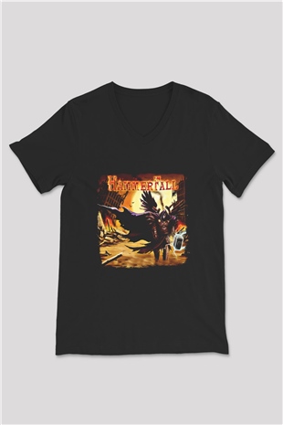 HammerFall Baskılı Unisex Siyah V Yaka Tişört