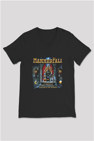 HammerFall Baskılı Unisex Siyah V Yaka Tişört