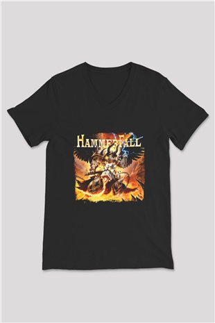 HammerFall Baskılı Unisex Siyah V Yaka Tişört
