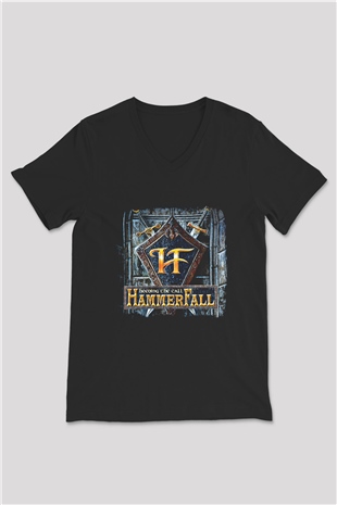 HammerFall Baskılı Unisex Siyah V Yaka Tişört