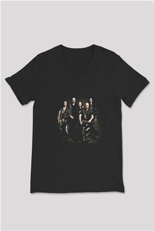 HammerFall Baskılı Unisex Siyah V Yaka Tişört