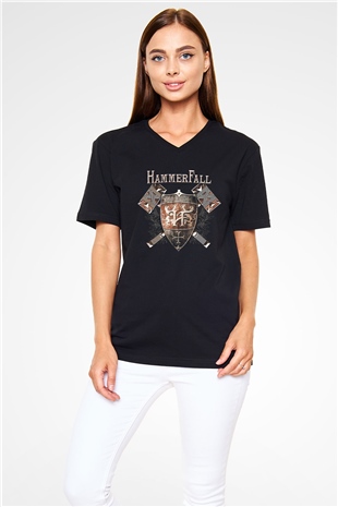 HammerFall Siyah Unisex V Yaka Tişört T-Shirt