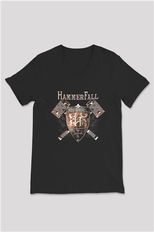 HammerFall Siyah Unisex V Yaka Tişört T-Shirt