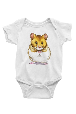 Hamster Baskılı Beyaz Unisex Bebek Body - Zıbın