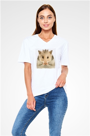 Hamster Beyaz Unisex V Yaka Tişört