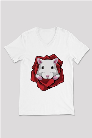 Hamster Beyaz Unisex V Yaka Tişört