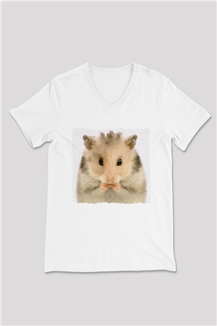Hamster Beyaz Unisex V Yaka Tişört