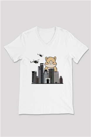 Hamster Beyaz Unisex V Yaka Tişört