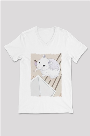Hamster Beyaz Unisex V Yaka Tişört