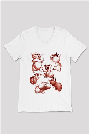 Hamster Beyaz Unisex V Yaka Tişört T-Shirt